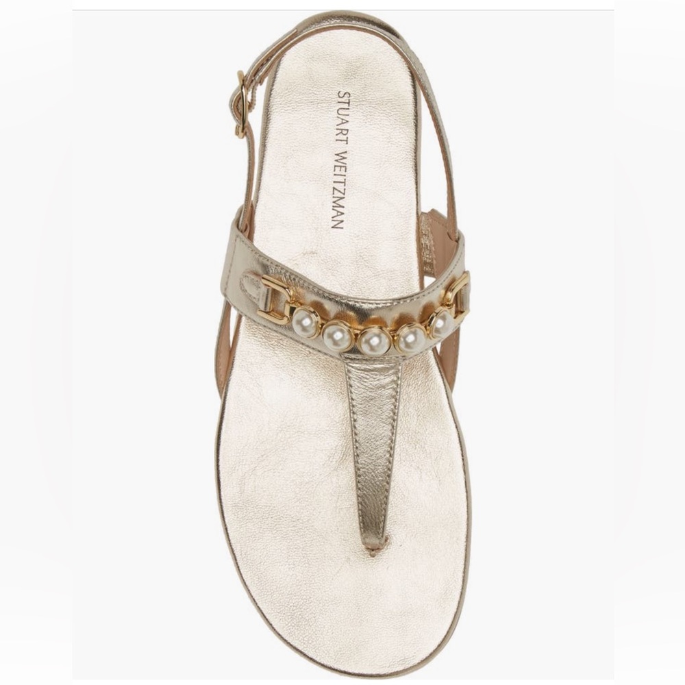 Stuart Weitzman Pearla T-Strap Gold Slingback Sandal Sz 7